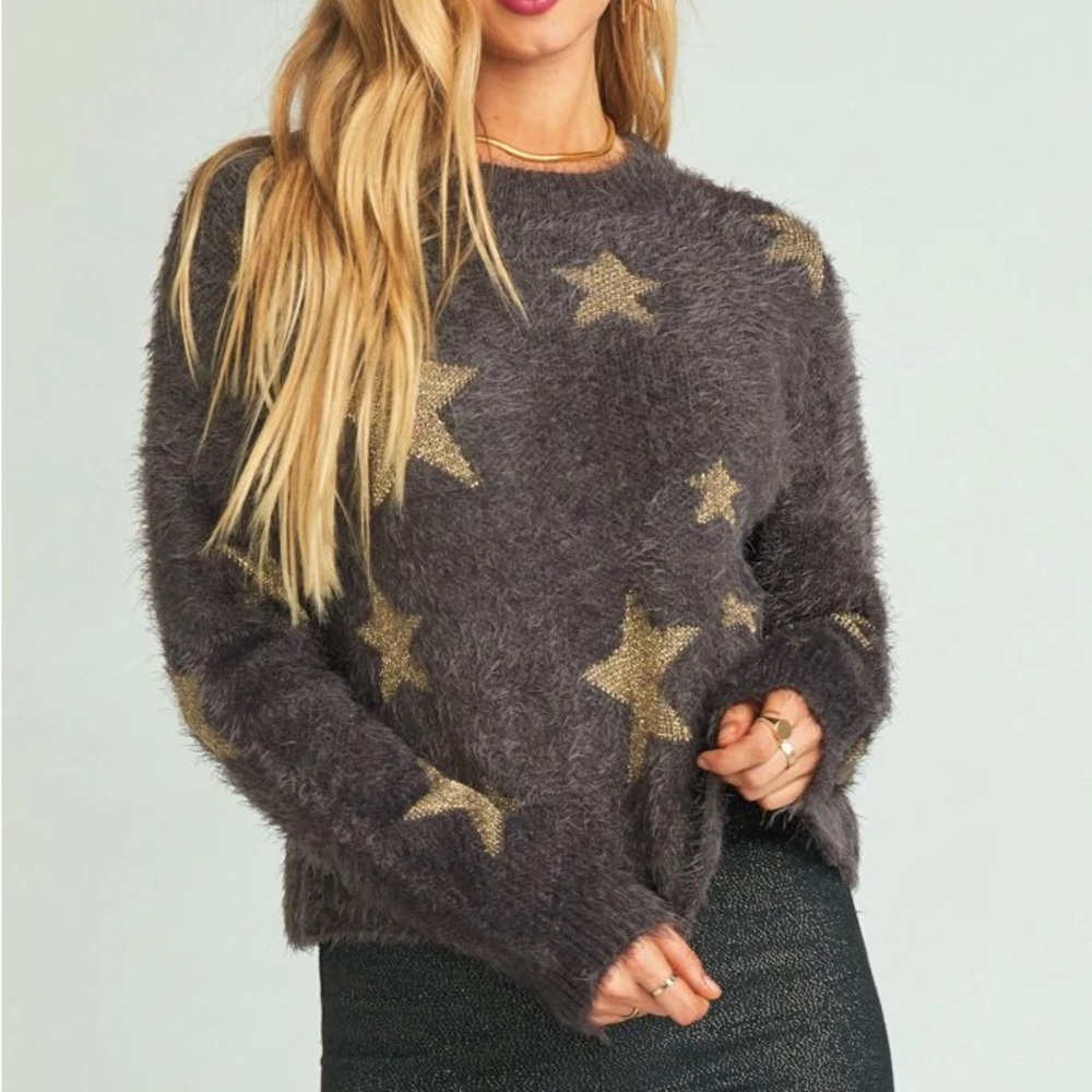 Show Me Your Mumu Cropped Varsity Sweater in Shine Star Knit, size S